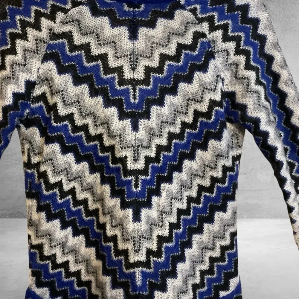 Chico's‎ Sz 0 (4) Zig Zag Cardigan Jacket Blue Gray Black Mohair Wool Open Cozy